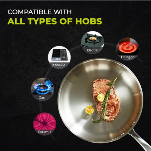 SEIDO Stainless Steel Frying Pan Induction Uncoated Non-Toxic Triply Cookware 24cm PFOA PFAS Free Dishwasher & Oven Safe 260C, New ThermoCore 5ply