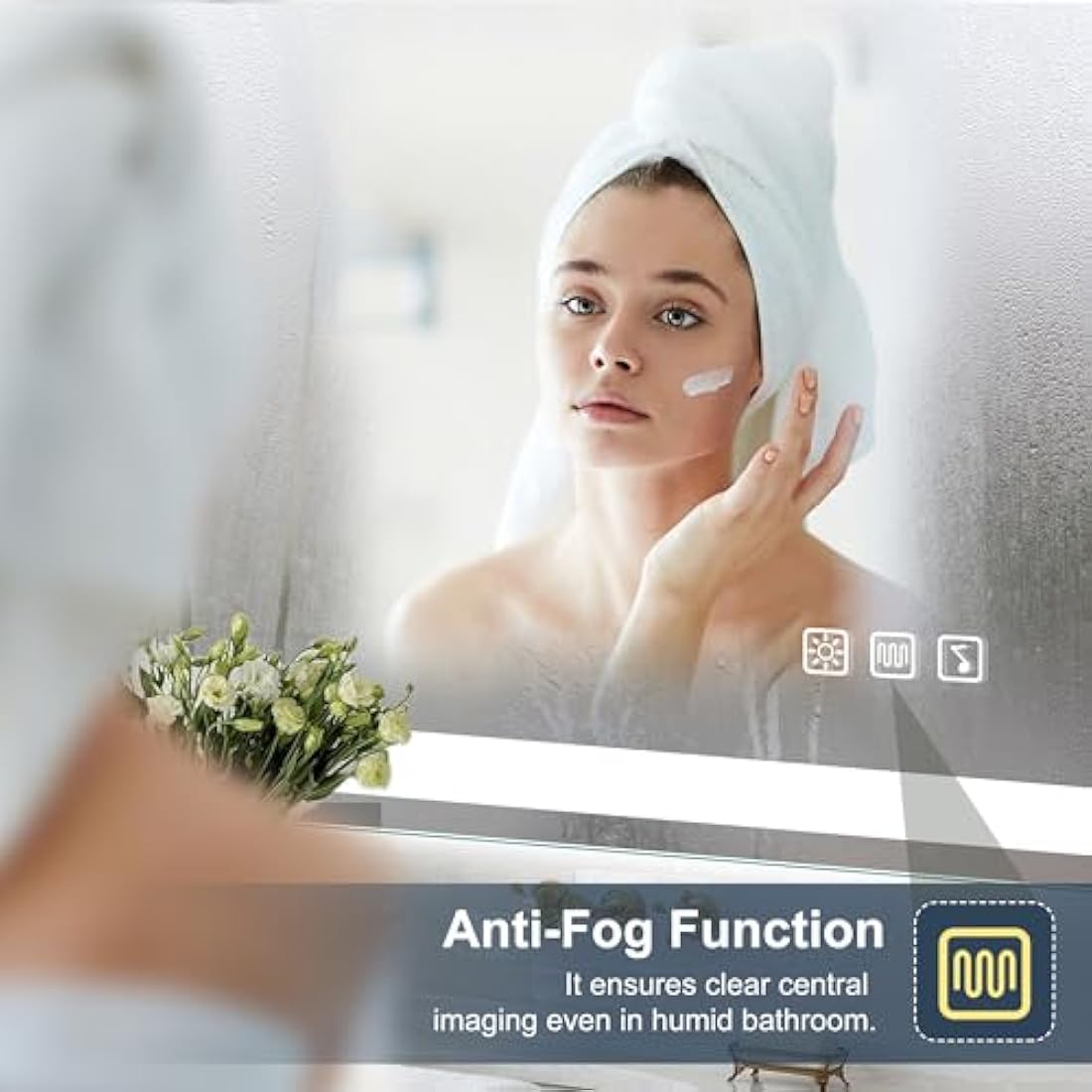 S'bagno Bluetooth-Bathroom-Mirror-with-LED-Lights 800x600mm, LED-Bathroom-Mirror with Defogging Mat, 3000K-6500K, Dimmable, Memory, HD Tempered Glass, IP44 Waterproof, Horizontal/Vertical