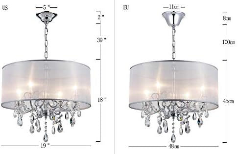 BESTIER Modern Elegant Crystal Pendant Drum Chandelier 4 Light Chrome Lighting Fixture LED Ceiling Light Dia 48 cm x H 45 cm