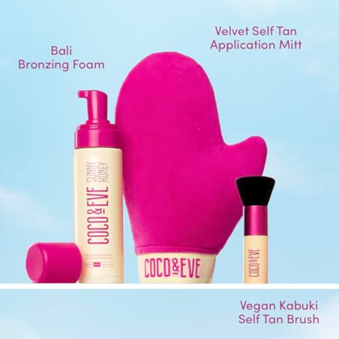 Coco & Eve Sunny Honey Bali Bronzing Bundle. All Natural Sunless Tanning Mousse. Instant Self Tanning Lotion with Bronzer, Mitt Applicator and Kabuki Brush. (Medium)