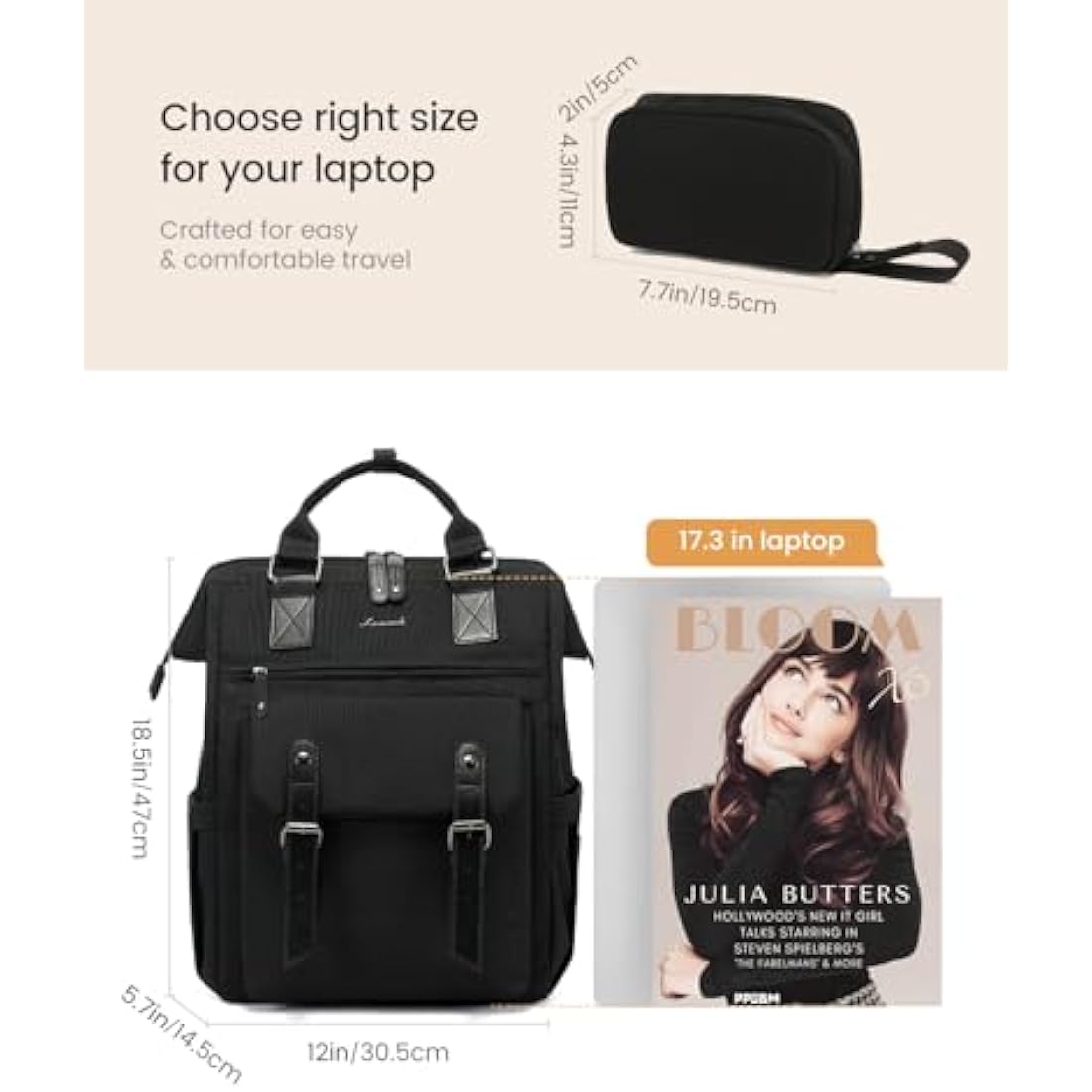 LOVEVOOK Laptop Backpack Women 17inch, School Bag, Large Backpack Womens For College University Travel Work With Electronics Organizer Bag, Water-resistant Rucksack Bags With USB Charging Port, Black