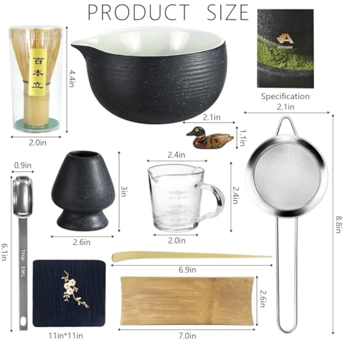 Artcome Bluestone Glaze Matcha Kit - Bowl with Pouring Spout, Whisk, Tea Scoop, Powder Strainer, Set for Usucha, Koicha and Latte (10 PCS)