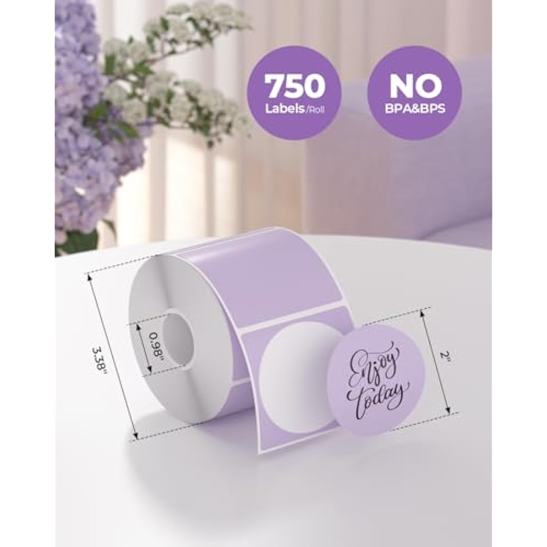 MUNBYN 50x50mm Purple Circle Thermal Sticker Labels, Self-Adhesive Round Direct Thermal Labels, Multi-Purpose Roll Sticker for DIY Logo Design, QR Code, Name Tag, Inventory-750 Sheet/1 Roll