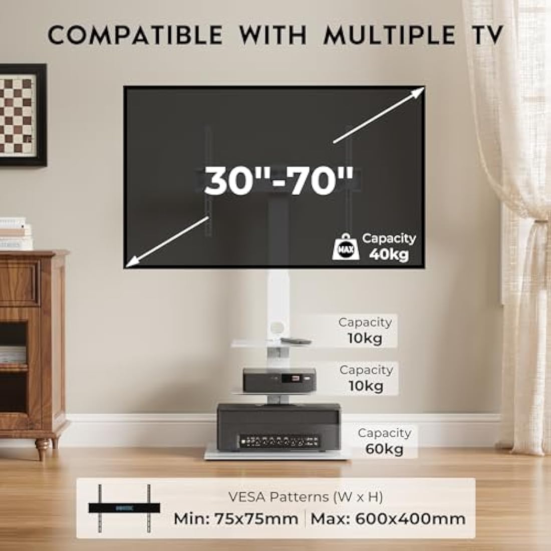 BONTEC Universal Floor TV Stand for 30-70 inch LED OLED LCD Plasma Flat Curved Screens, Height Adjustable Tall TV Stand with 3-Tier Tempered Glass Shelves up to 40KG, Max VESA 600x400mm (White)