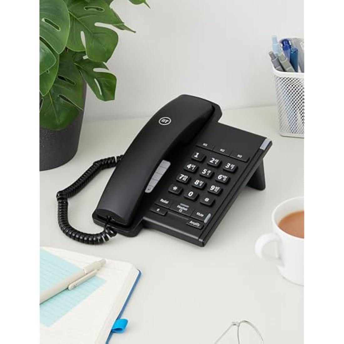 BT Converse 2100 Corded Landline House Phone, Home Phone, 3 Quick Dial Buttons, Headset Socket, Black
