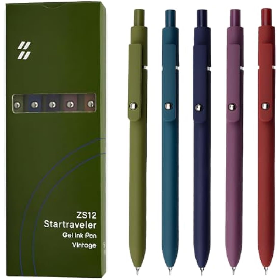 UIXJODO Gel Pens, 5 Pcs 0.5mm Japanese Black Ink Pens Fine Point Smooth Writing Pens with Silicone Grip, High-End Series Metal Clip Retractable Pens (5 Pcs Vintage)