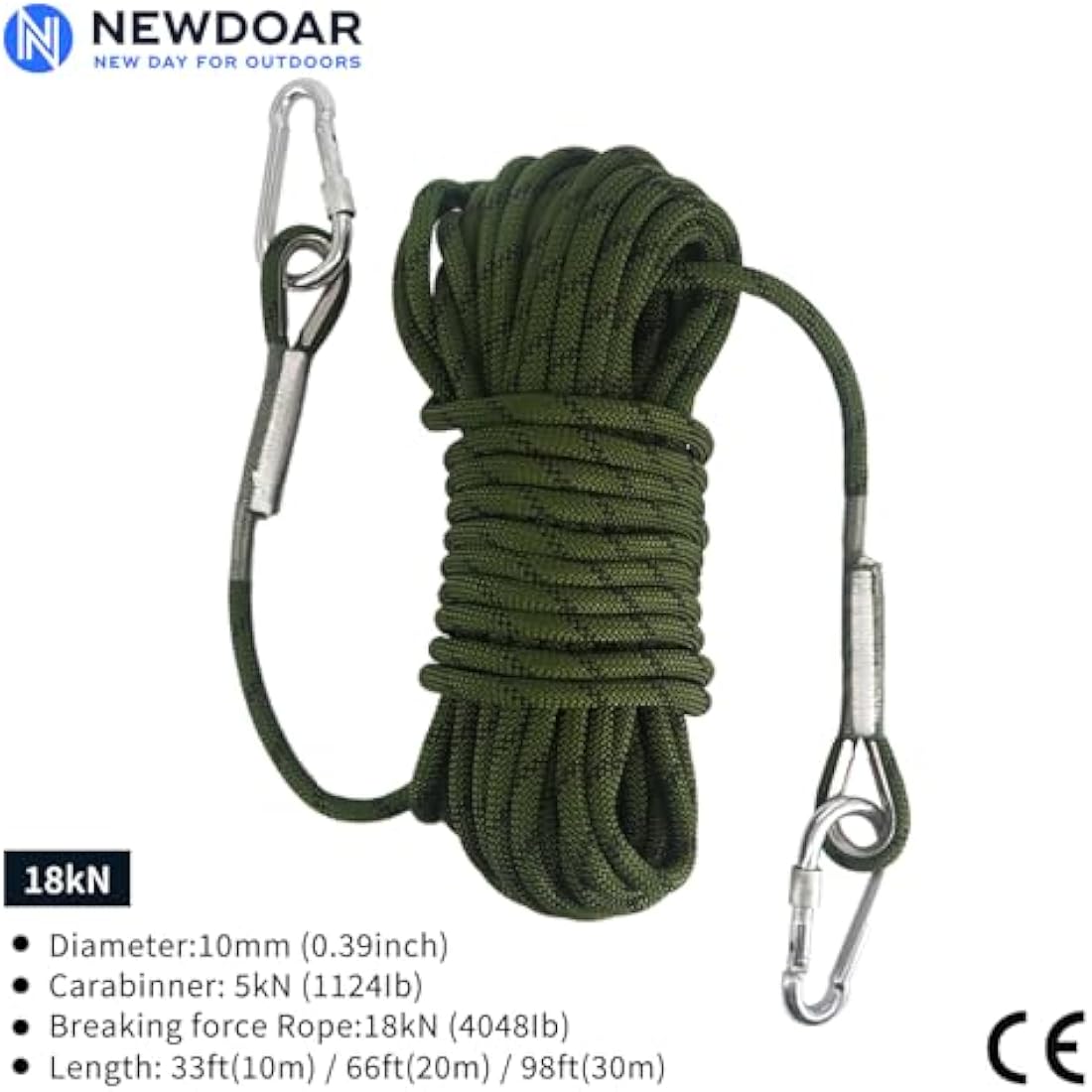 NewDoar 18KN Static Climbing Rope 10mm Accessory Cord Equipment 33FT(10M) 66FT(20M) 98FT(30M) 165FT(50M) Escape Rope with 2 Carabiners for Ice Climbing Fire Rescue Rope Safety Rope
