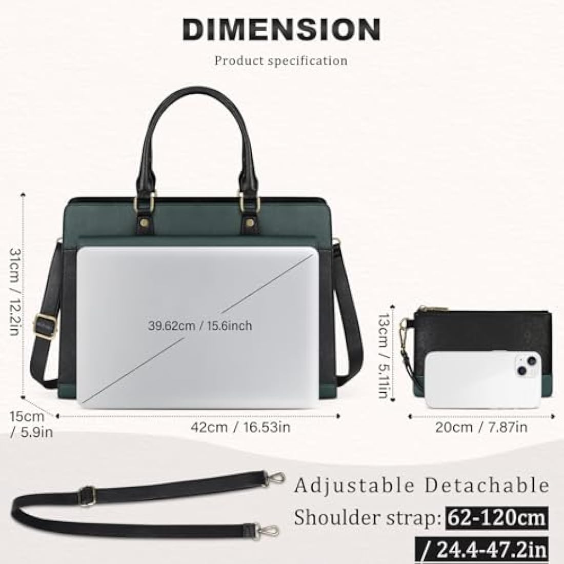 RAINSMORE Laptop Bags Handbags for Women 15.6 Inch PU Leather Large Tote Bag Work Bag with Clutch Bag Designer Women's Bags Ladies Laptop Handbag for School Green