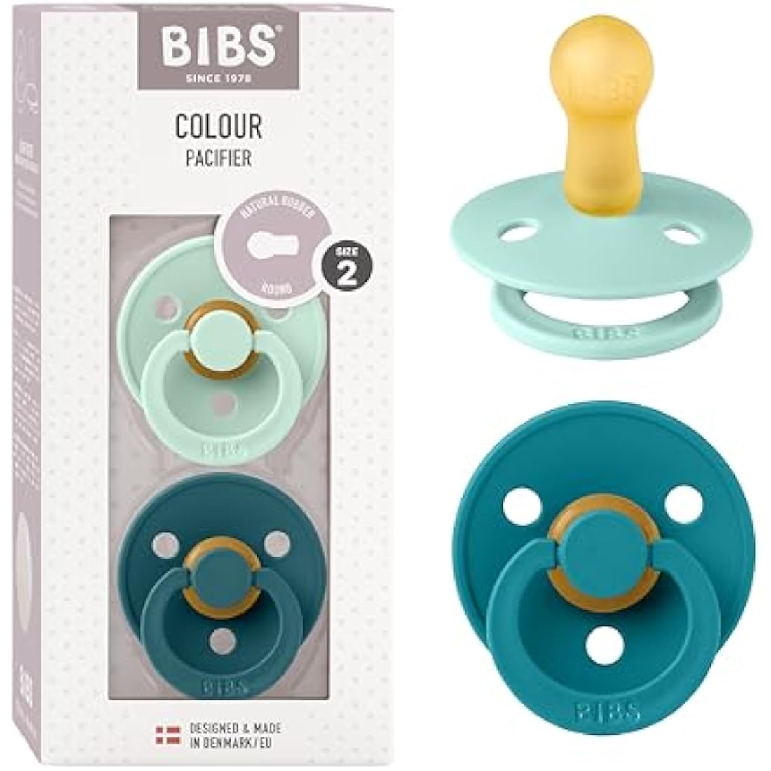 BIBS Colour Soother 2-Pack, BPA Free Dummy Pacifier, Round Nipple. Natural Rubber Latex, Size 2 (6-18 Months), Nordic Mint/Forest Lake