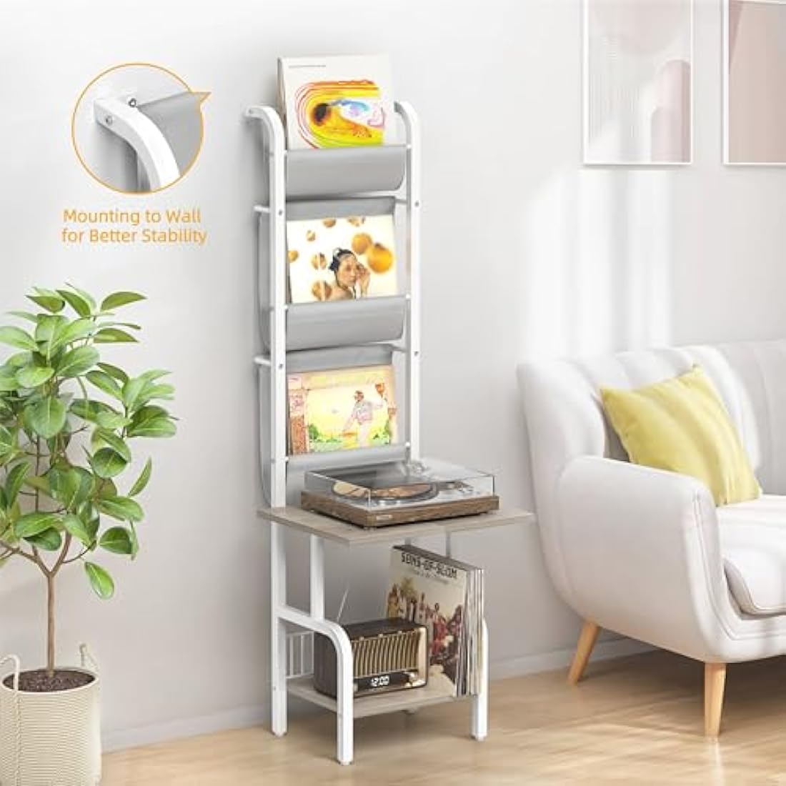 Bikoney Vinyl Record Storage with Player Stand, Turntable Stand and Display Shelf for Up to 200 Albums, Vinyl Record Holder Cabinet with Wall Mount for Living Room or Bedroom White