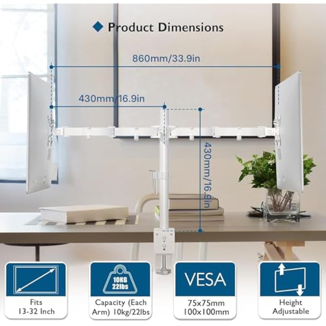 BONTEC Dual Monitor Stand for 13-27 inch Screens, Ergonomic Double Dual Monitor Desk Mount, Height Adjustable Arm Desk Mount Tilt 90° Swivel 180° Rotate 360°, VESA 75/100 White