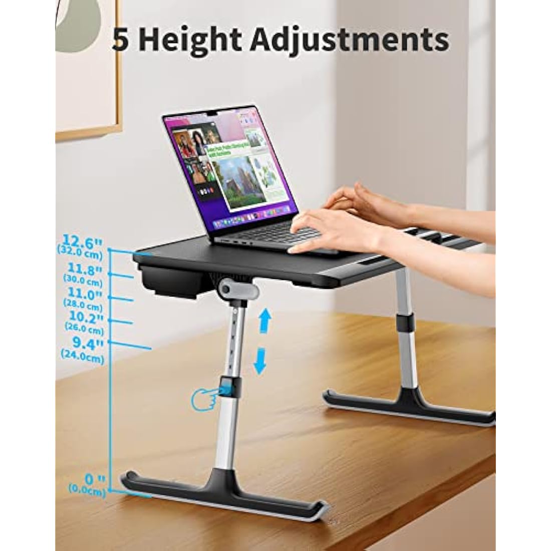 Laptop Bed Table, SAIJI 100% Eco-friendly wooden planks, Laptop Stand with Drawer, Folding Legs, 40kg Load, Angle Height Adjustable, Reading, Eating on Bed, Sofa, Laptop Lap Desk (Black 23.6*12.6in)