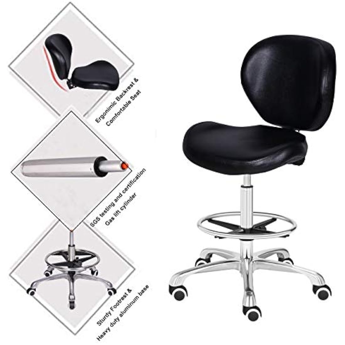 Kaleurrier Adjustable Stools Drafting Chair with Backrest & Foot Rest,Tilt Back,Peneumatic Lifting Height,Swivel Seat,Rolling wheels,for Studio,Dental,Office,Home Desk Chairs (Black)