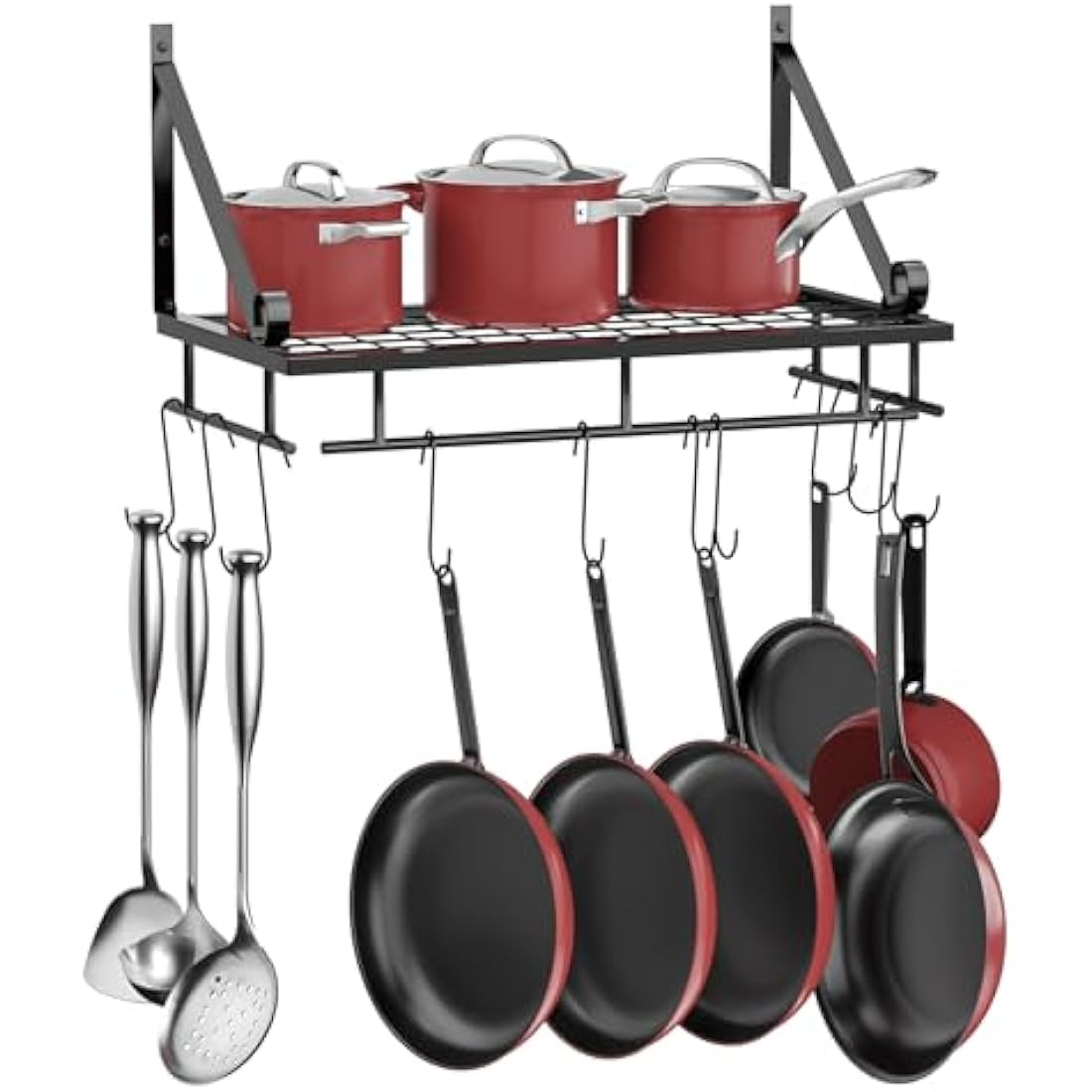 XEMQENER Wall Hanging Pan Pot Rack with 10pcs Removable Hooks, 45cm Wall Shelf with Towel Bar, Kitchen Bathroom Utensils Organizer, Hanging Shelving (45 * 24 * 25cm)