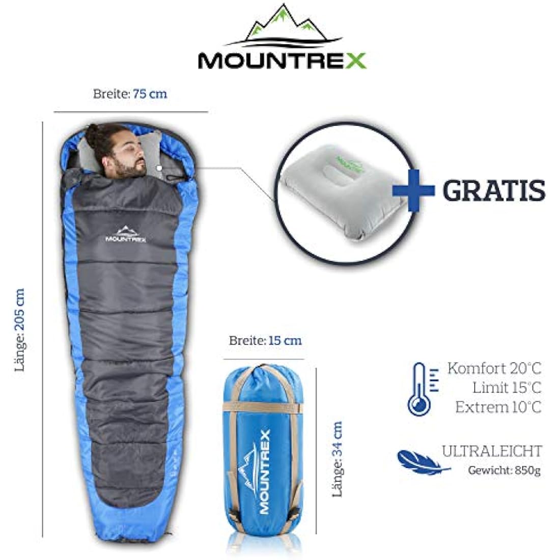 MOUNTREX® Sleeping Bag - Ultralight & Compact (850 g) - Outdoor Summer Sleeping Bag - Mummy Sleeping Bag (205 x 75 cm) - Small Pack Size and Lightweight - for Teenagers and Adults + Bonus Travel