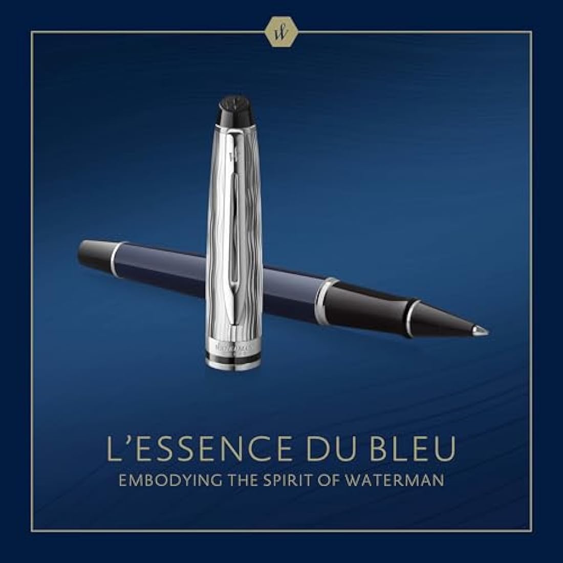 Waterman Expert Rollerball Pen | Metal & Blue Lacquer | Chiselled Cap | Black Ink | Gift Box