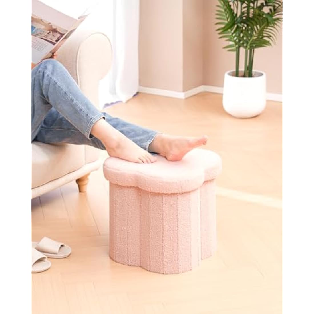 Bonlife Pink Ottoman Storage Box,Folding Storage Seat Box,Small Footstool For Living Room,Kid's Toy Chest Box,Teddy Flower Shape,38x38x38cm