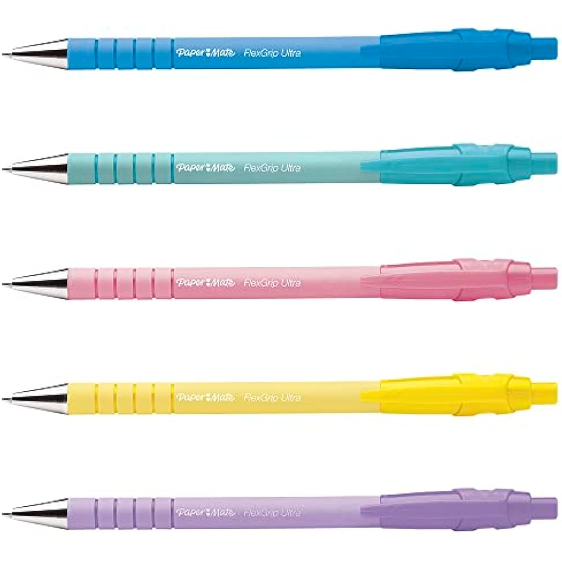 Paper Mate Flexgrip Ultra Pastel Ballpoint Pens | Medium Point (1.0mm) | Blue Ink | Pastel Barrels | 5 Count