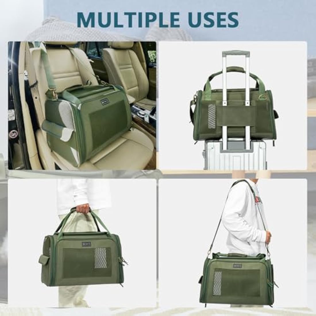 Petsfit Dog Carrier Soft Sided Travel Carrier, Lightweight Travel Use Pet Carrier for Small Dogs and Cats, with Expandable mat, Upgraded Large Space Soft Sided Pet Cat Carrier, Olive Green