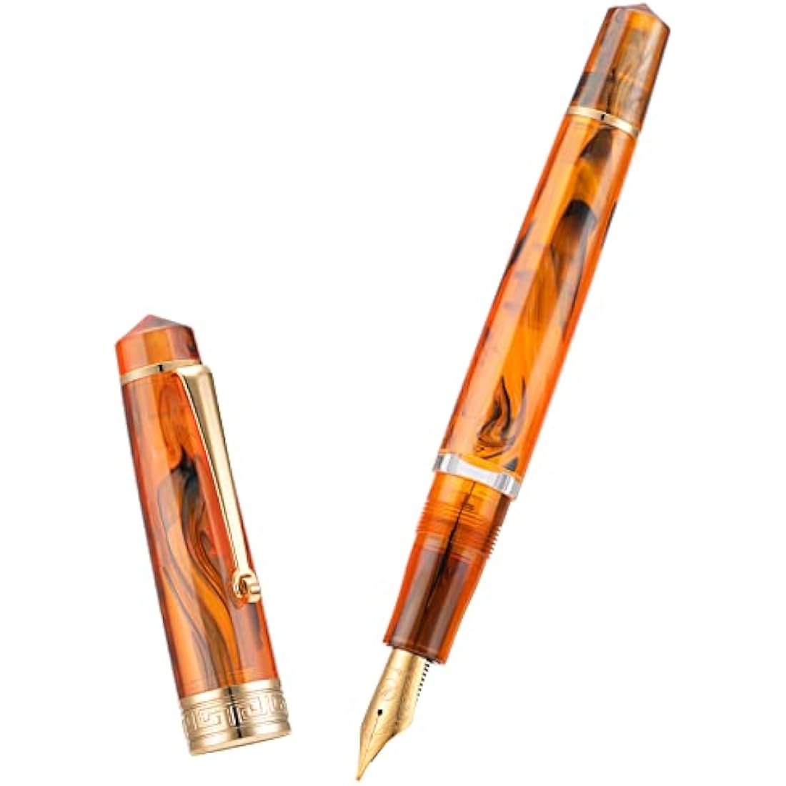 Asvine P20 Piston Fountain Pen Amber Resin, Iridium Medium Nib Gold Trim Smooth Writer Collection with Case Set