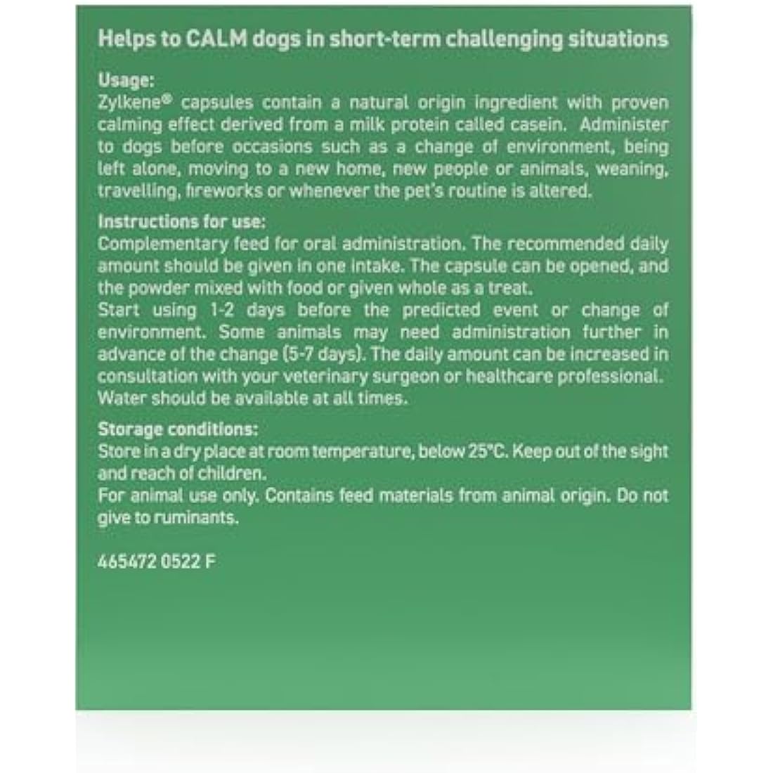 Zylkene Calming Supplements for Medium Dogs (10 to 30kg) 225mg | Promotes Relaxation | Helps Pets cope with short-term challenging situations: Loud Noises | Easily administered | 20 capsules