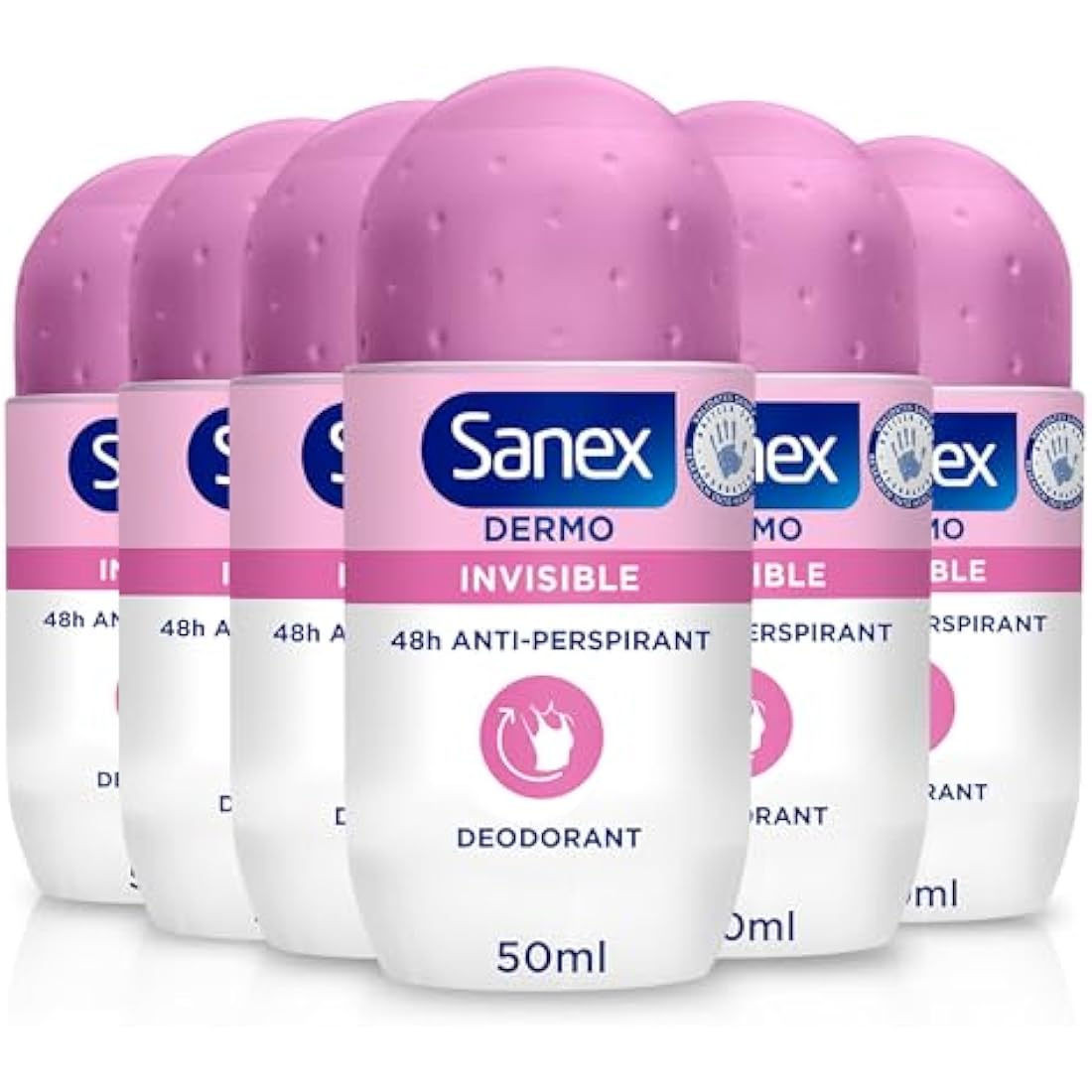 Sanex Dermo Invisible Roll-On Antiperspirant 6x50ml - antiperspirant deodorant - up to 48-hour sweat and odour protection - anti-stain protection - restores skin’s natural pH - dermatologically tested