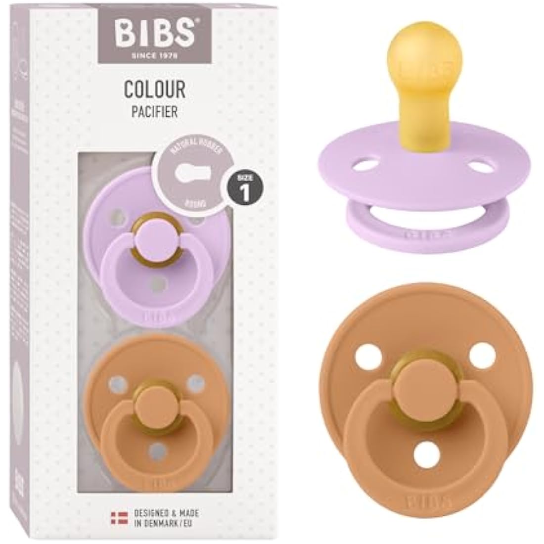 BIBS Colour Soother 2-Pack, BPA Free Dummy Pacifier, Round Nipple. Natural Rubber Latex, Made in Denmark, Size 1 (0-6 Months), Violet Sky/Pumpkin