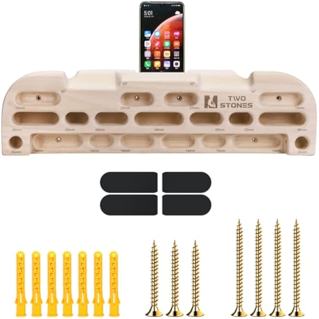 TWO STONES Climbing Hangboard Rock Climbing Training as Climbing Fingerboard with Jugs, Slopes and Edges, Pockets and Phone Holder CJ-HB2049