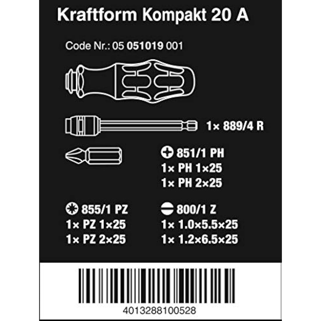 Wera 051019 Kraftform compact 20a bit set, black green
