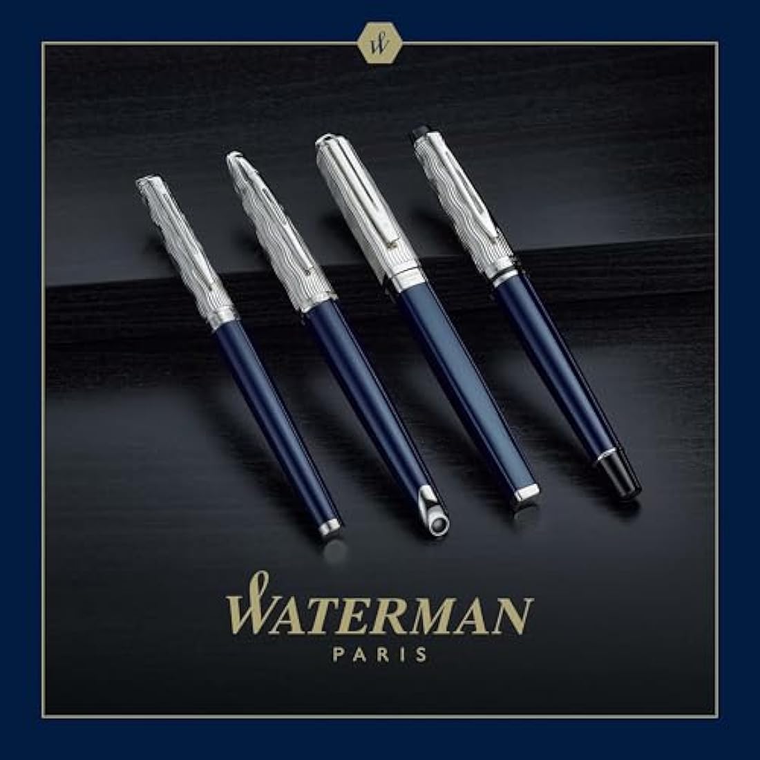 Waterman Expert Rollerball Pen | Metal & Blue Lacquer | Chiselled Cap | Black Ink | Gift Box