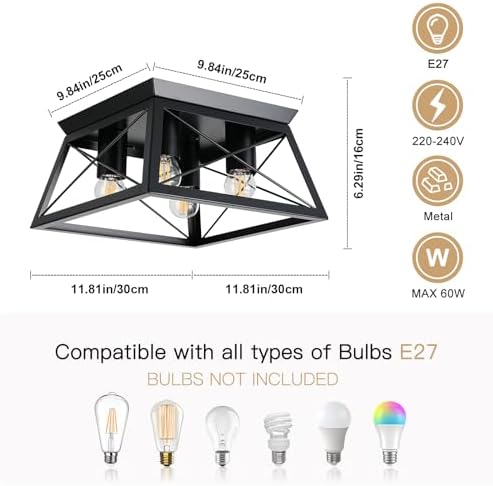 FORCOSO 4-Light Ceiling Lights - Black Industrial Ceiling Light E27 Modern Flush Mount Ceiling Lamp LED Metal Vintage Ceiling Light Fixture for Living Room Bedroom Kitchen - NO Bulb