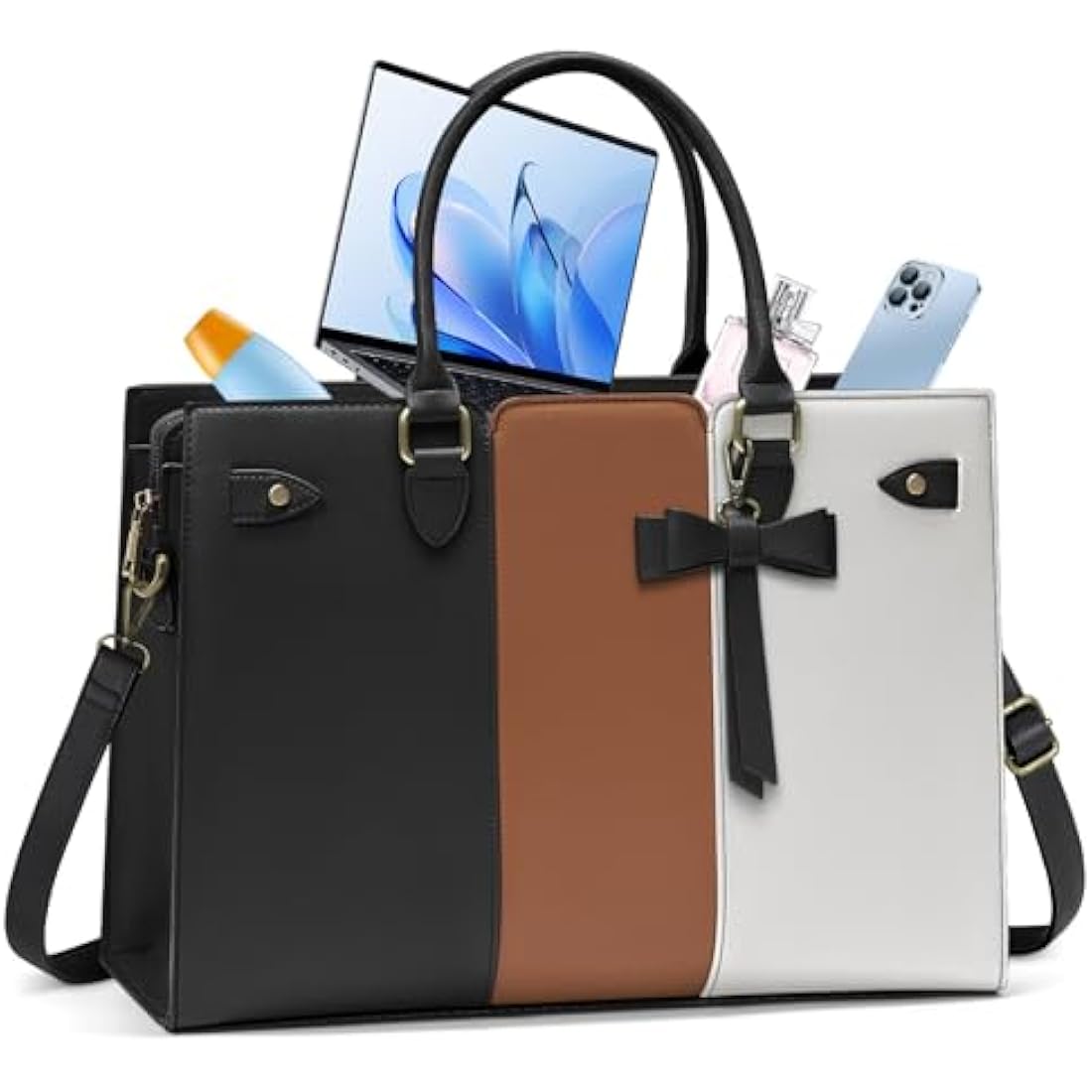 RAINSMORE Laptop Bags for Women PU Leather Work Bags for Women Tote Bag Large Handbag Shoulder Bag for Office 15.6 Inch Bussiness Black with White and Brown