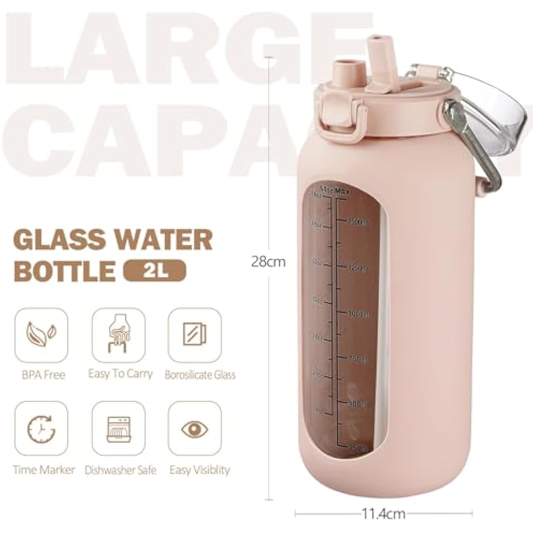 BLUEGO 2000ml Borosilicate Glass Water Bottle with Stainless Handle and Time Marker 2L Drinking Bottle with Silicone Sleeve and Straw for Gym Office Outdoor Sports Water Bottles BPA Free, Amber