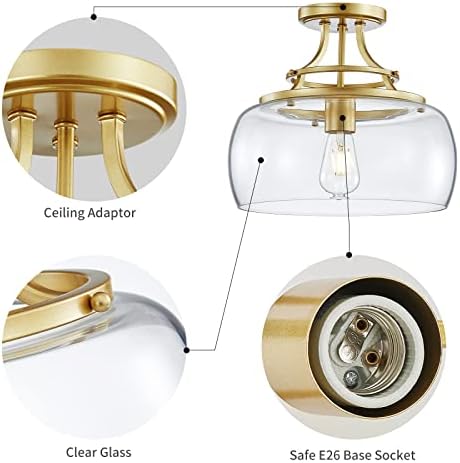 WUZUPS Chandelier Rustic Farmhouse Industrial Round Semi-flushmount Ceiling LED Light Fixture with Clear Glass Shades for Bathroom Kitchen Foyer Entryway, H 30 x W 34, E27 Base, Gold