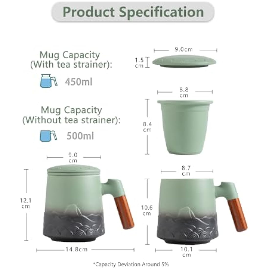 ZENS Embossed Ceramic Tea Mug With Infuser and Lid - 500 ML Loose Leaf Cup With Strainer, Wood Handle - Gifts for Tea Lovers, Steeper Accessories