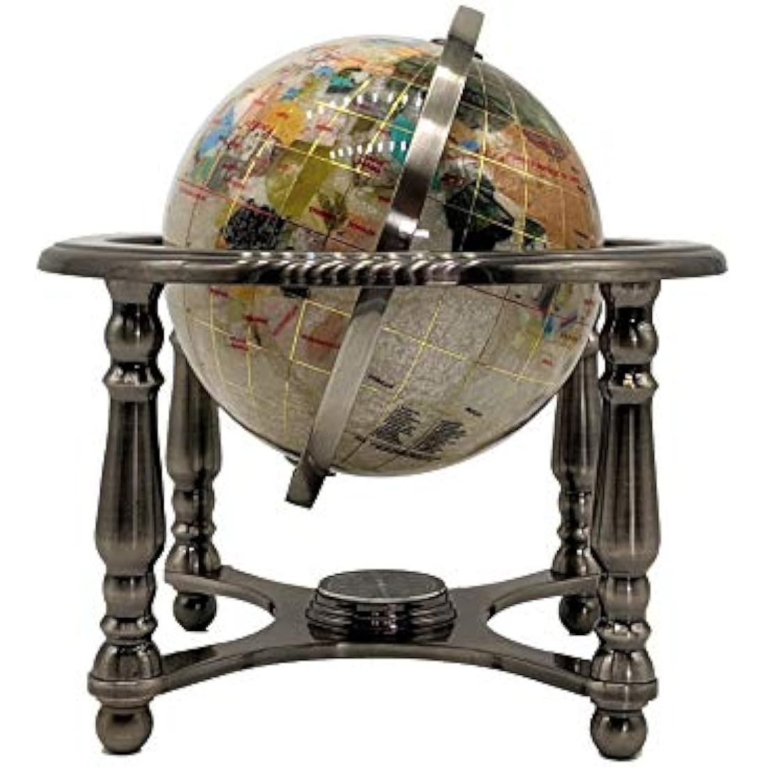 Unique Art 10-Inch Tall Pearl Swirl Ocean Gemstone World Globe with 4 Leg Silver Stand