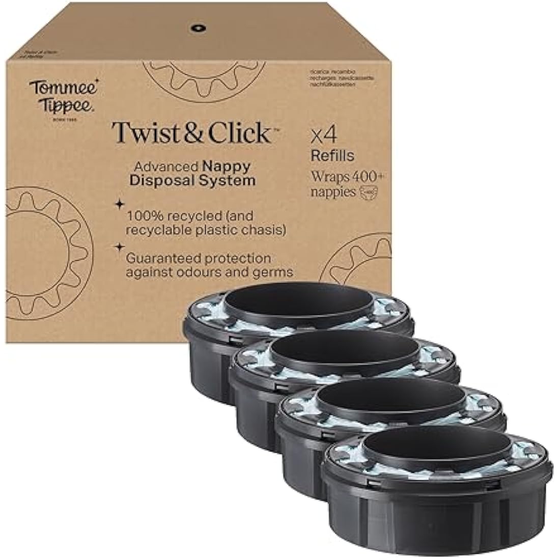 Tommee Tippee Twist and Click Advanced Nappy Bin Original Refill Cassettes, Exclusive Pack of 4, for Easy refill and Great value (pack may vary)