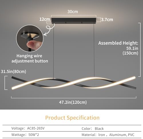 Mikeru 120CM Wave Pendant Light, Black Creative LED Dining Lights 3000/4500/6000K Dimmable 10% to 100% Pool Table Lighting Adjustable Kitchen Island Lamp for Living Room, Bedroom