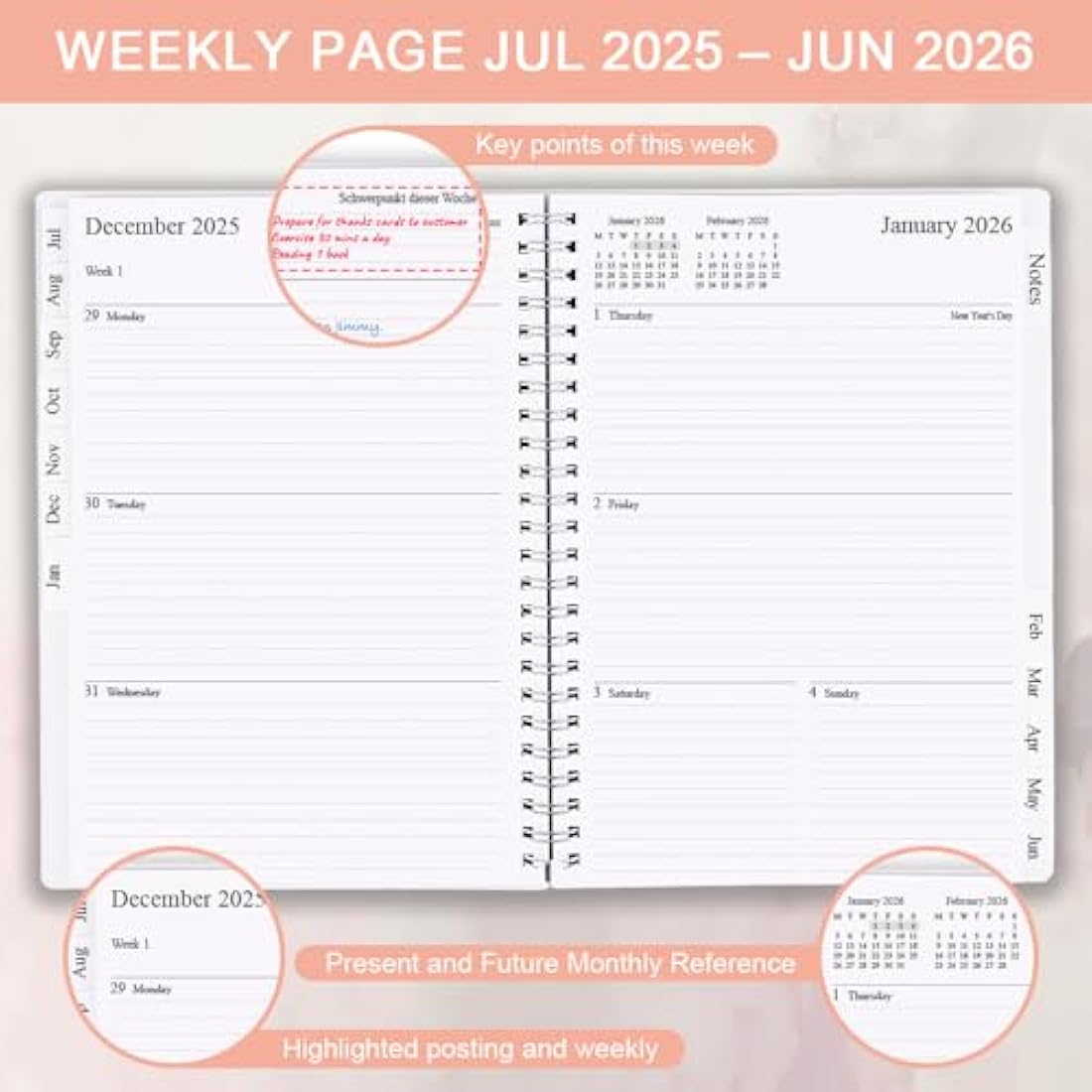 Diary 2025-2026, A5 Weekly/Monthly Planner with Monthly Tabs, 2025-2026 Planner from Jul 2025 to Jun 2026, Twin-Wire Binding,Easy to Organize Your Daily Life,14.8×21cm, Planners 2025-2026 Week to View