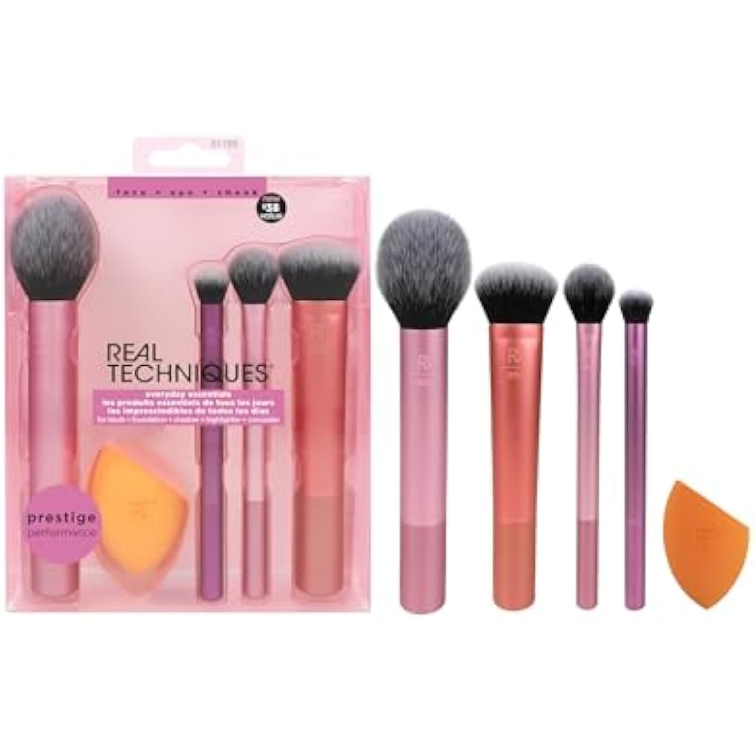 REAL TECHNIQUES,5 Count (Pack of 1) Everyday Essentials Makeup Brush Complete Face Set (Miracle Complexion Sponge, Expert Face, Blush, Setting and Deluxe Crease Brushes)