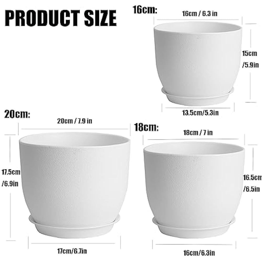 PROFIKLA 20cm, 18cm, 16cm Plastic Plant Pots, Plant Pots with Drainage Holes and Saucers, A Set of 3 Flower Pots, Modern Decorative Planters, White