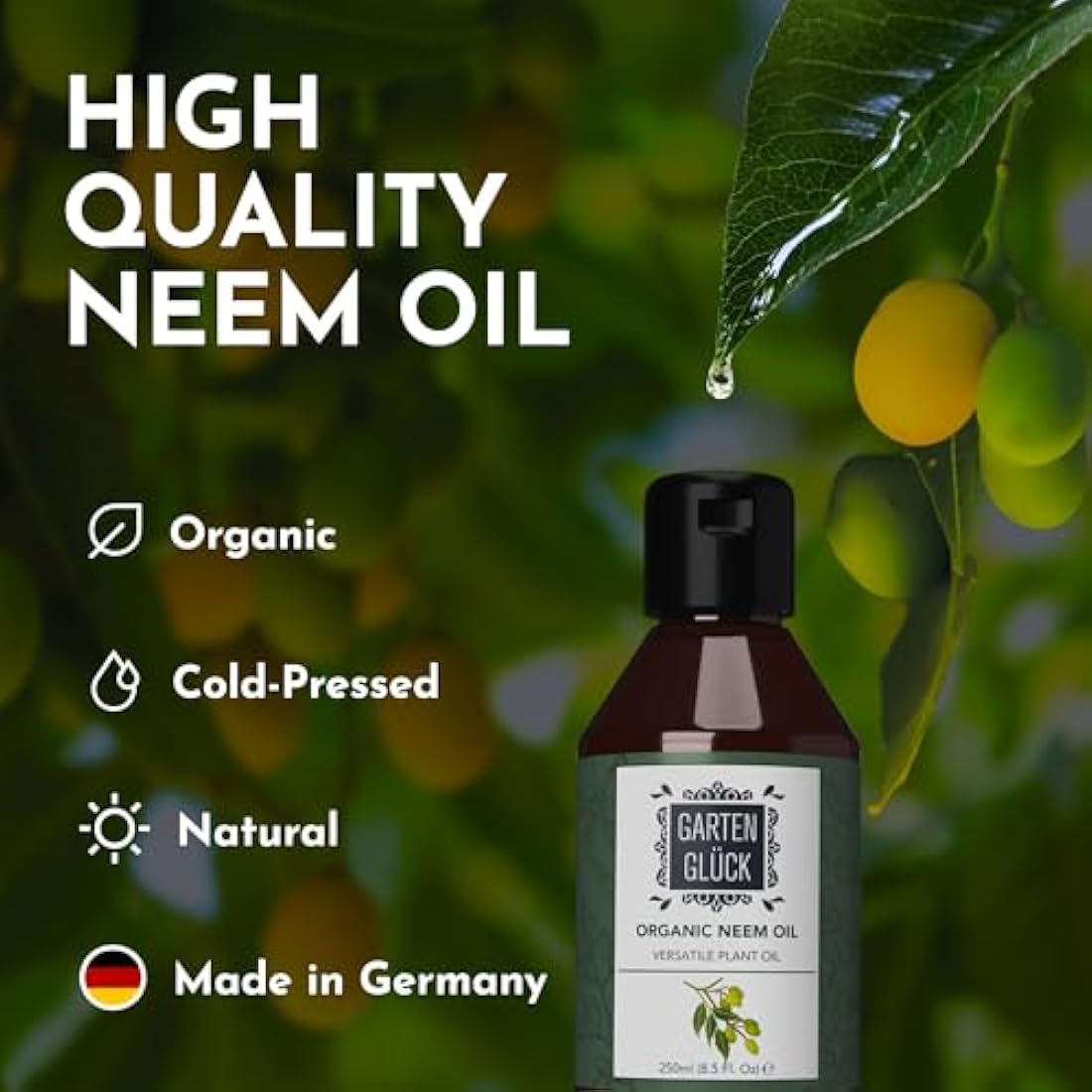 Garten Glück Neem Oil Liquid for Plants - 250ml - Organic Neem Oil for Indoor Plants & Garden Care - Natural Bug Control & Plant Shine - Spray on Healthy Leaves & Soil Maintenance - Made in Germany