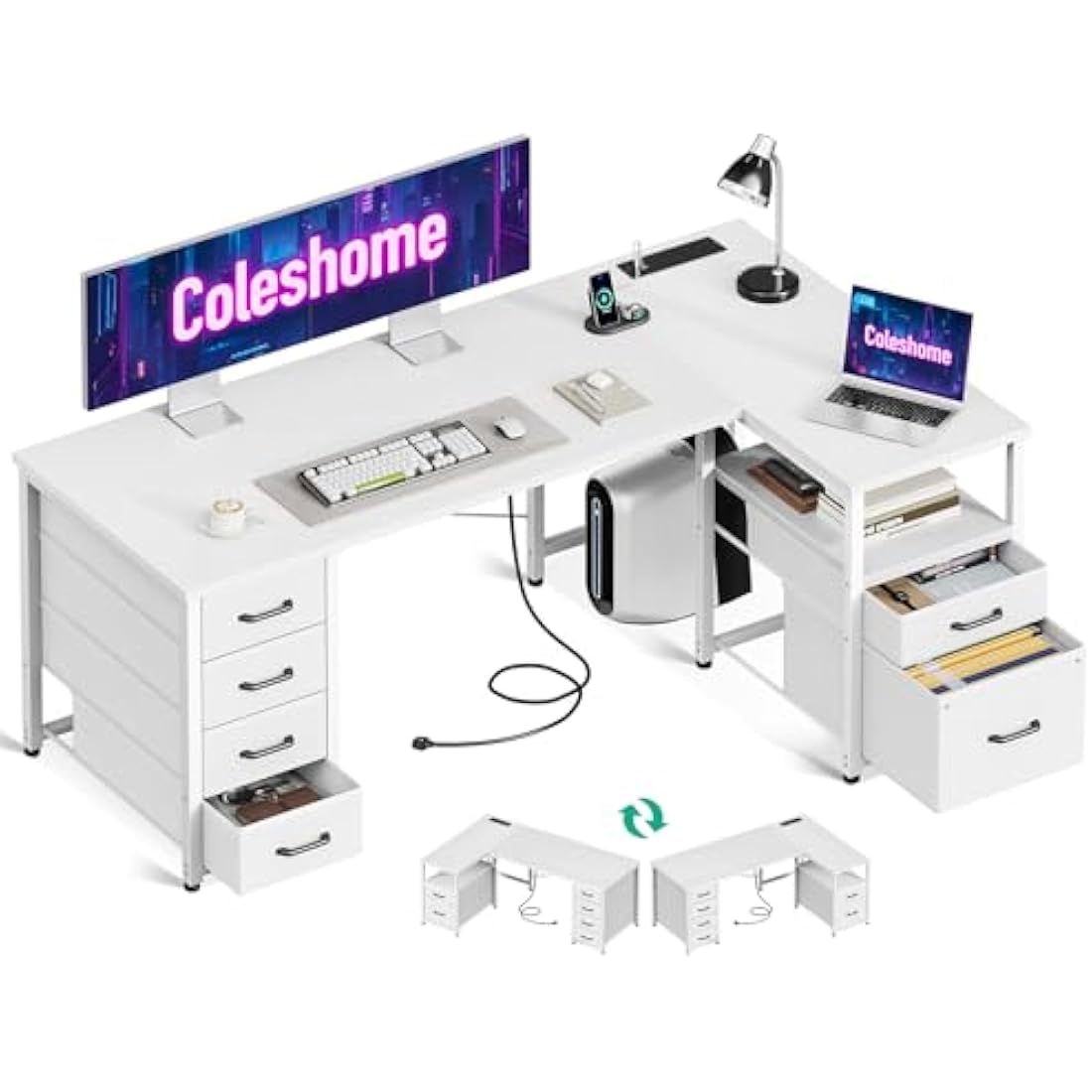 Coleshome Computer Corner Desk with Drawers, 140×70 cm L Shaped Office Desk with Power Outlet, Reversible Study PC Table with Storage for Bedroom, White
