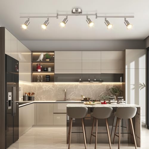 Dehobo Ceiling Spotlight Rotatable - Matte Nickel 6 Way GU10 LED Ceiling Light 350° Swivelling Adjustable Modern for Kitchen Living Room Bedroom, No Bulbs