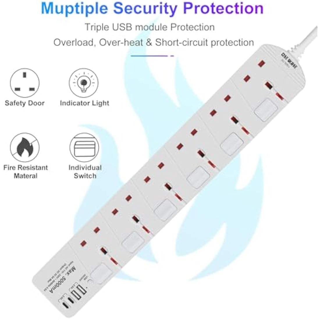 SE UKASE Extension Lead with USB Slots(5V/5A), 6 Way Plug Sockets with Individual Switches USB and Type C, Wall Mount Design with 2M Extension Cable 2990W