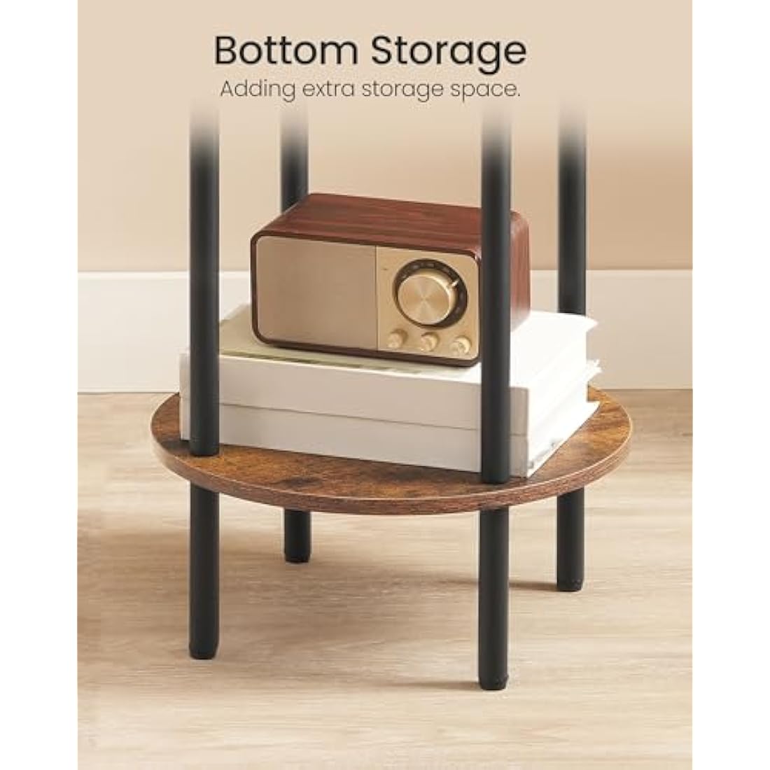 CHOEZON Round Side Table, 2-Tier End Table, Small Round Nightstand with Sturdy Metal Tube, Industrial Coffee Table, for Living Room, Bedroom, Rustic Brown and Black DTBZ01BF