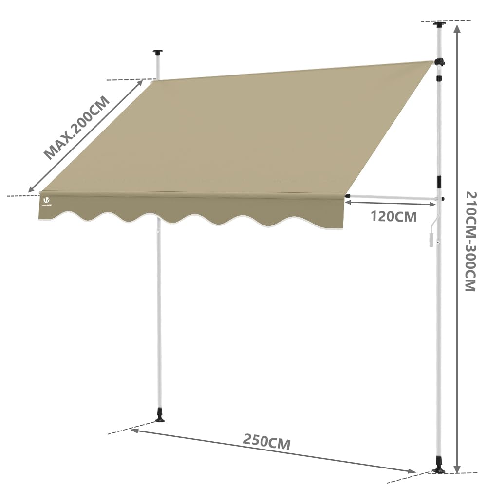 VOUNOT? 2.5 x 1.2m Patio Telescopic Awning, Retractable Manual Awning, Adjustable Waterproof Canopy with Hand Crank, Balcony Sun Shade Shelter, Beige