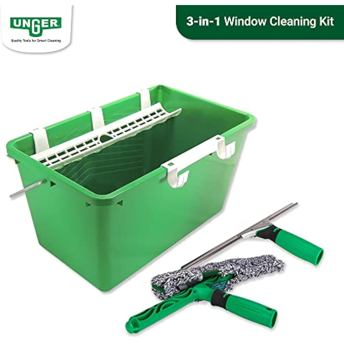Unger AK013 Window Cleaning Kit – 3-in-1 Starter Set with Window Squeegee, Microfibre Washer with T-Bar Handle & 12L Cleaning Bucket – Professional Window Cleaner Set