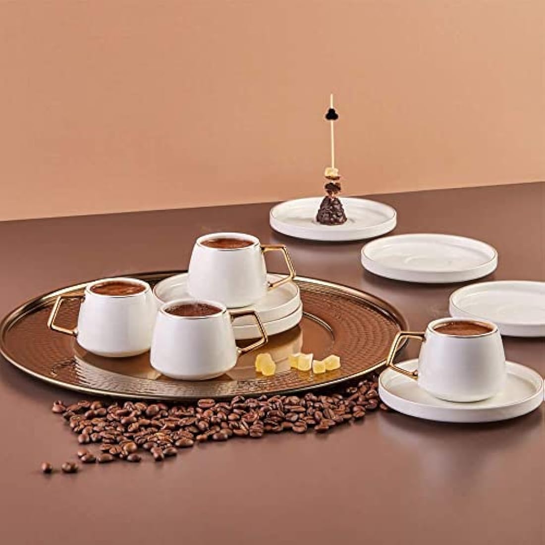 KARACA Saturn Gold Turkish Coffee Cup Set for 6 People, 12 Piece Espresso Cups with Saucers, Small Porcelain Modern Set for Serving Greek, Arabic Coffee (100ml)