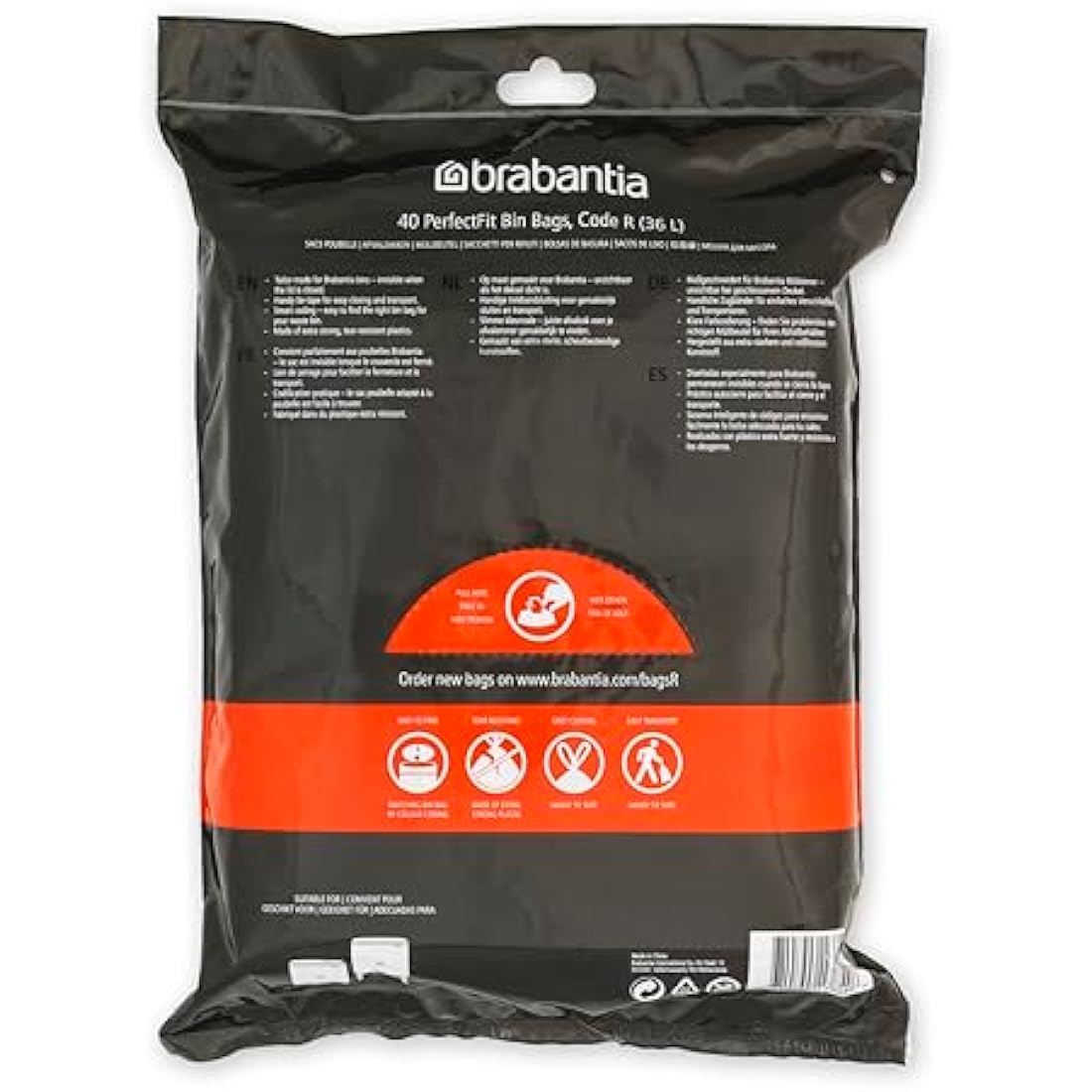 Brabantia 138546 PerfectFit Bin Liners (Size R/36 Litre) Thick Plastic Trash Bags with Tie Tape Drawstring Handles (40 Bags), White
